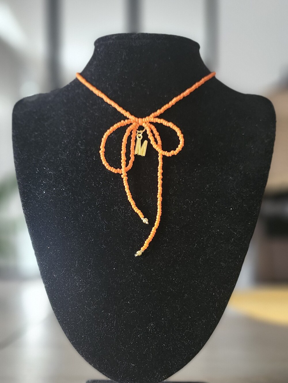 Dainty Orange Seed Bead Bow Necklace Gold Initial Alphabet Charm Pendant Coquett
